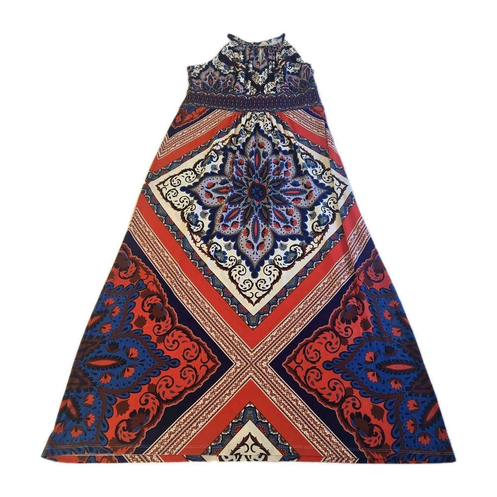 Chico's Scarf Print Maxi Dress Orange‎ Blue Halter Women's Size 2 US 12 Large